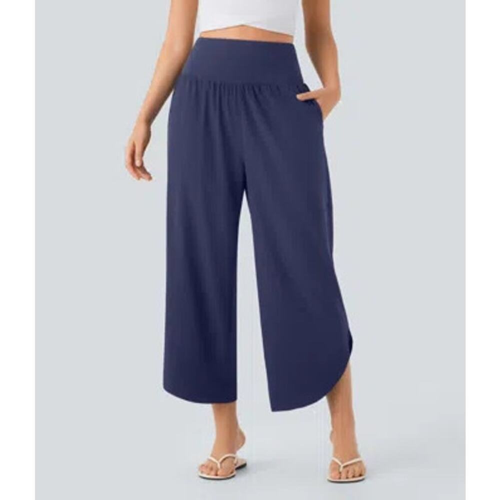 NWT Halara Capri Pants High Waisted Tummy Control Split Hem Blue Size Medium